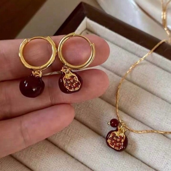The Unbranded Brand Jewelry - Gold Hoop Earrings with Deep Red Pomegranate Charms